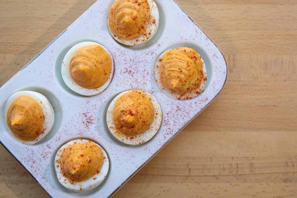 plate of deviled eggs on a table